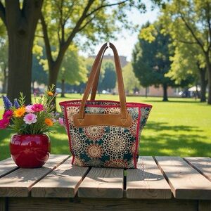 Fossil Geometry Prints Coated Canvas Tote Bag Red Tan Leather Trim SHB1344 EUC